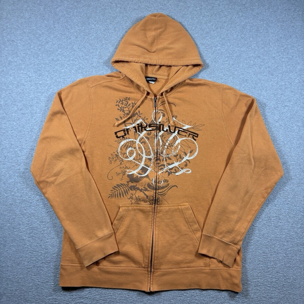Vintage Y2K Quiksilver Hoodie Mens Large Orange Floral Zip Up Cyber Surf Skater